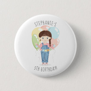 Birthday Girl in Overalls Brunette 2 Inch Round Button