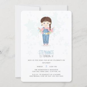 Birthday Girl in Overalls Brunette Invitation