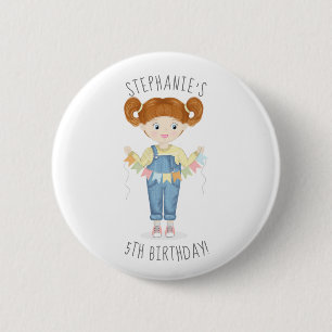 Birthday Girl in Overalls Redhead  2 Inch Round Button