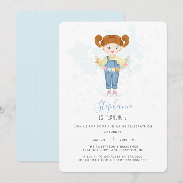 Birthday Girl in Overalls Redhead  Invitation (Front/Back)