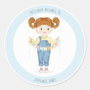 Birthday Girl in Overalls This Book Belongs to  Classic Round Sticker