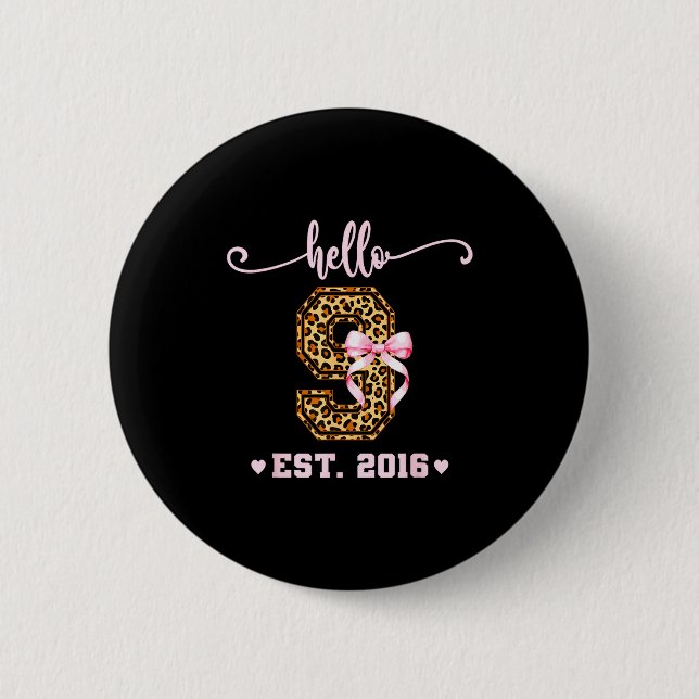 Birthday Girl Nk Coquette Bow Hello 9 Year Old Aes 2 Inch Round Button (Front)
