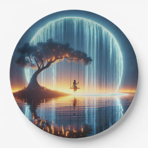Birthday Girl On Swing In Moon Waterfall Paper Plate