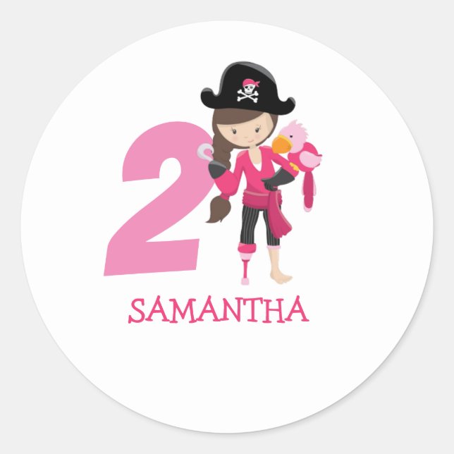 Birthday GIRL ParrotParty Pirate 2nd Name   Classic Round Sticker (Front)