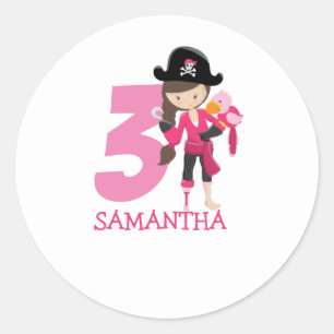 Birthday GIRL ParrotParty Pirate 3rd Name Classic Round Sticker