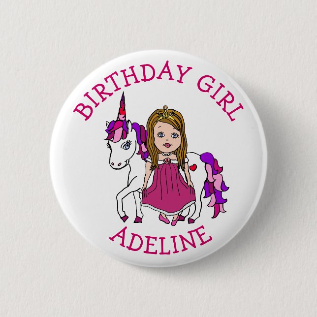 Birthday Girl Personalize Button Princess Unicorn (Front)