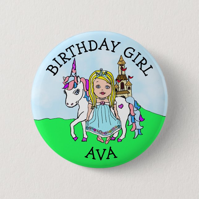 Birthday Girl Personalize Button Princess Unicorn (Front)