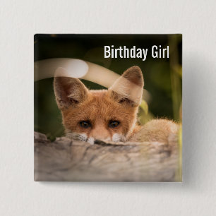 Birthday Girl Photo of a Cute Little Orange Fox 2 Inch Square Button