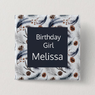 Birthday Girl Pine Cones Winter Pattern 2 Inch Square Button