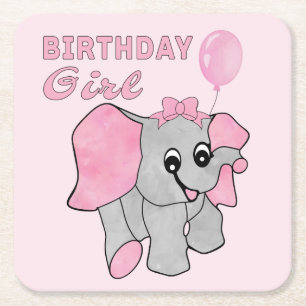 Birthday Girl Pink Baby Elephant Square Paper Coaster