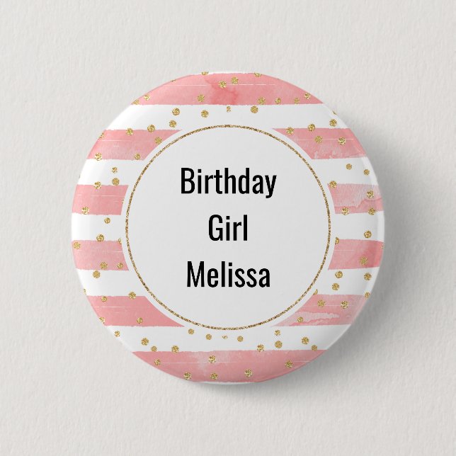 Birthday Girl Pink Blush Stripes | Gold Confetti 2 Inch Round Button (Front)