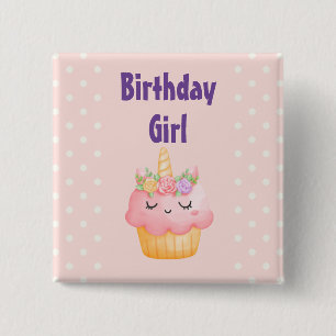 Birthday Girl - Pink Cupcake Unicorn with Roses 2 Inch Square Button