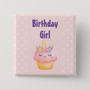 Birthday Girl - Pink Cupcake Unicorn with Roses 2 Inch Square Button