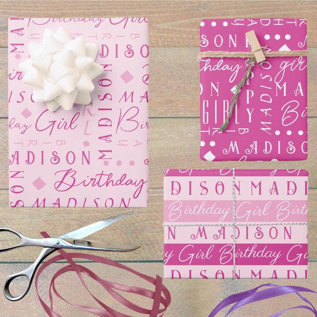 Birthday Girl Pink Cute Add A Name Personalized Wrapping Paper Sheet (Add a name - or three - to this cute pink birthday girl wrapping paper assortment fun for any age)