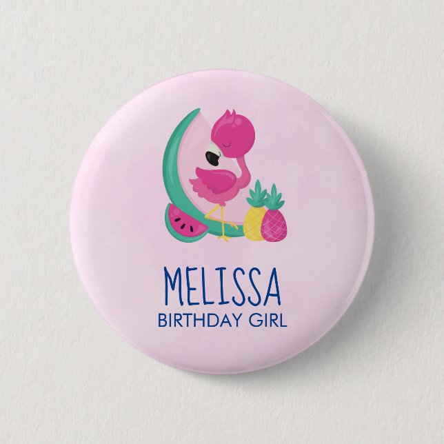 Birthday Girl Pink Flamingo Tropical Fruits 2 Inch Round Button (Front)