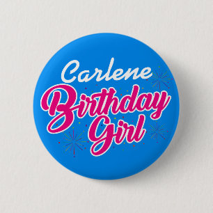 Birthday Girl Pink Typography with NAME on BLUE 2 Inch Round Button