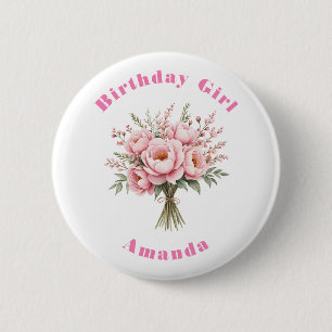 Birthday Girl Pretty Pink Peony Flower Bouquet 2 Inch Round Button