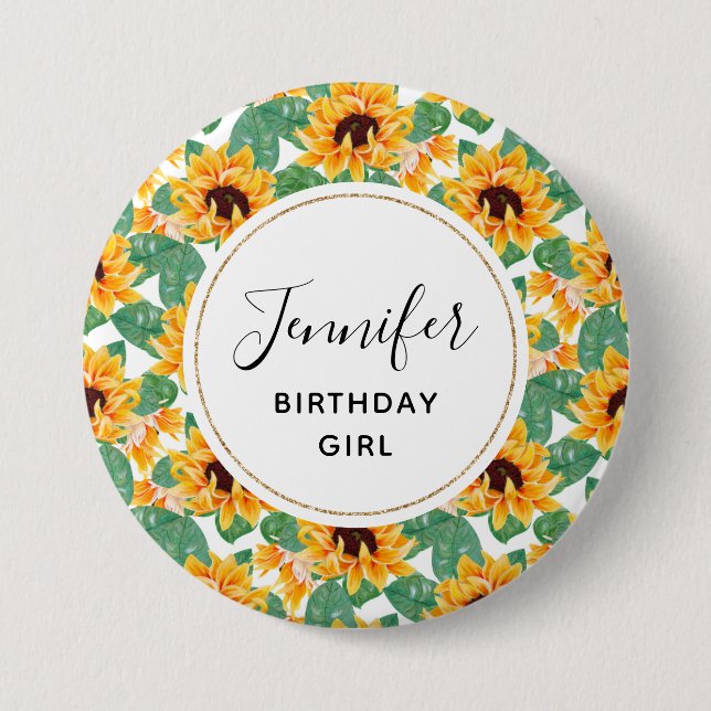 Birthday Girl Pretty Sunflowers Pattern 3 Inch Round Button (Front)