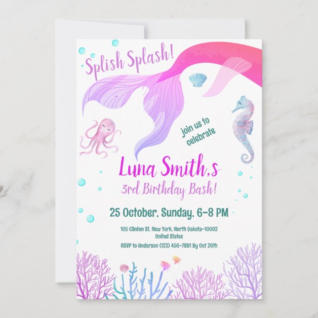 Birthday Girl Purple Colour Sea Animals Theme Invitation (Front)