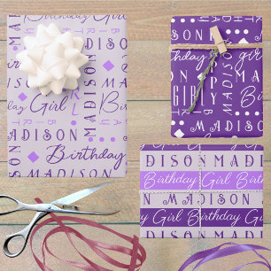 Birthday Girl Purple Cute Add A Name Personalized Wrapping Paper Sheet