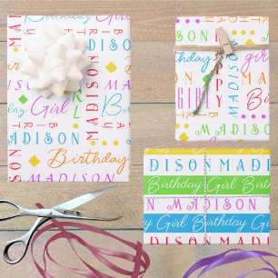 Birthday Girl Rainbow Cute Add A Name Personalized Wrapping Paper Sheet