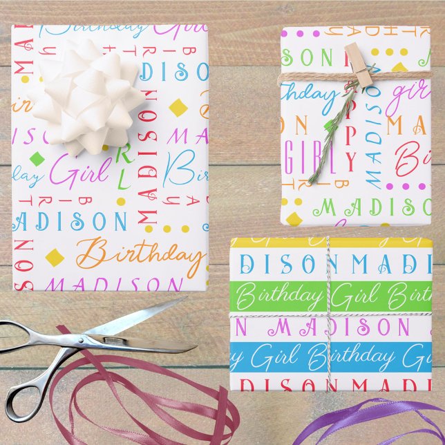 Birthday Girl Rainbow Cute Add A Name Personalized Wrapping Paper Sheet (Add a name - or 3 - to this cute birthday girl wrapping paper in rainbow colors, fun for all ages)