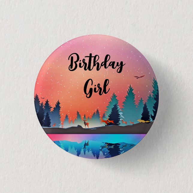 Birthday Girl Scenic Winter Lake with Deer 1 Inch Round Button (Front)