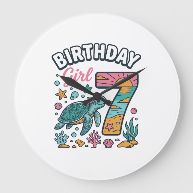 Birthday Girl Sea Turtle 7th Birthday Vector Desig Large Clock (Front)