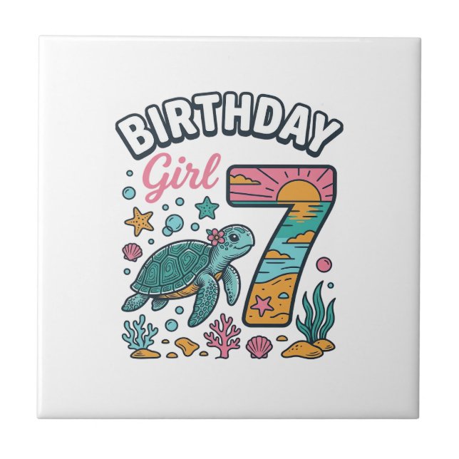 Birthday Girl Sea Turtle 7th Birthday Vector Desig Tile (Front)