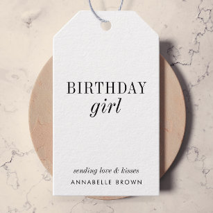 Birthday Girl   Simple Minimalist Black and White Gift Tags