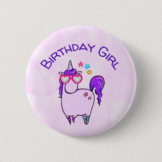 Birthday Girl Unicorn in Heart Shaped Glasses 2 Inch Round Button (Front)