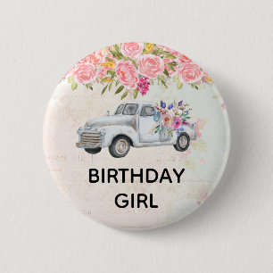 Birthday Girl Vintage Pickup Truck Watercolor 2 Inch Round Button