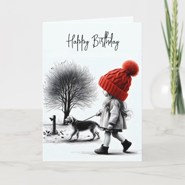 Birthday Girl Walking Her Dog Card (Front)