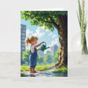 Birthday Girl Watering a City Tree Card