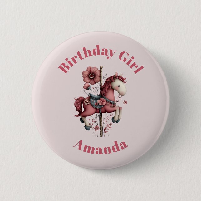 Birthday Girl Whimsical Carousel Horse Image 2 Inch Round Button (Front)