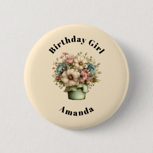 Birthday Girl Whimsical Flowers in a Planter Pot 2 Inch Round Button