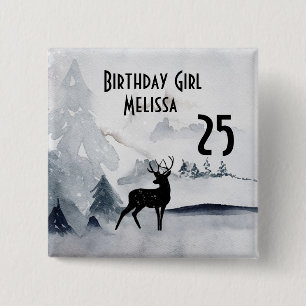 Birthday Girl Winter Reindeer Rustic Watercolor 2 Inch Square Button