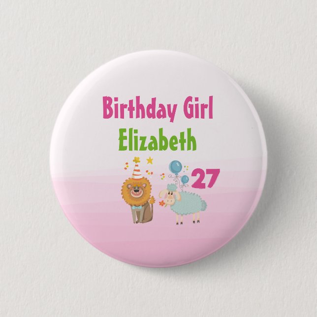 Birthday Girl with Party Lion and Balloon Sheep 2 Inch Round Button (Front)