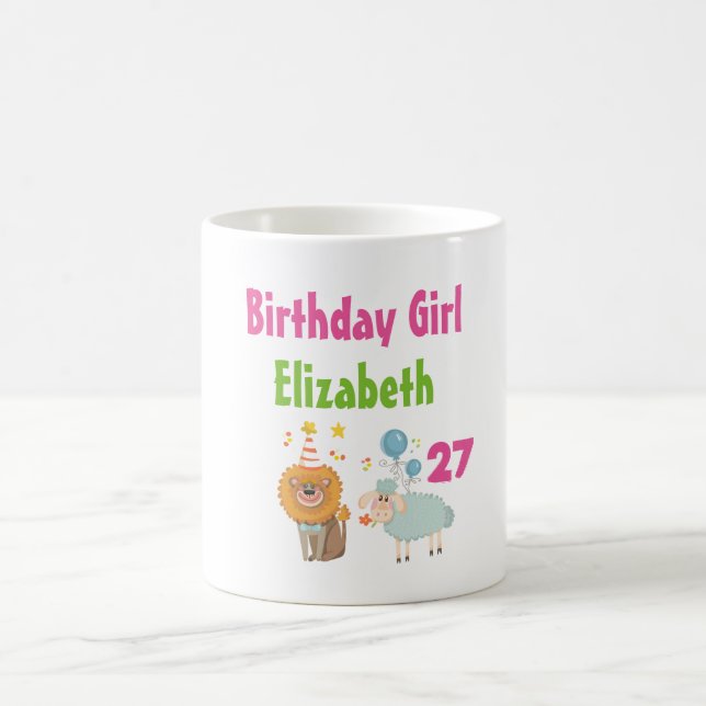 Birthday Girl with Party Lion and Balloon Sheep Coffee Mug (Center)