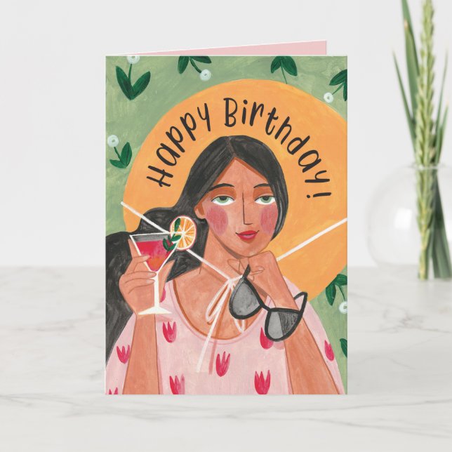 Birthday girl with summer hat sunglasses floral ca card (Front)