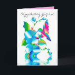 Birthday Girlfriend, Hummingbird & Flowers Card<br><div class="desc">Bright and beautiful Thinking of You Greeting with a hummingbird pollinating beautiful bright flowers.  This greeting
is part of my Kaleidoscope collection.  Vivid Colours.  Other categories will be added which will include,  birthdays,  invitations etc.</div>