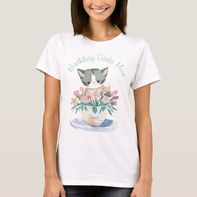 Birthday Girls Mom | Cute Cat White T-Shirt (Front)