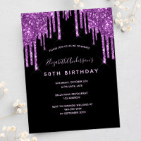Birthday glitter drips black purple invitation