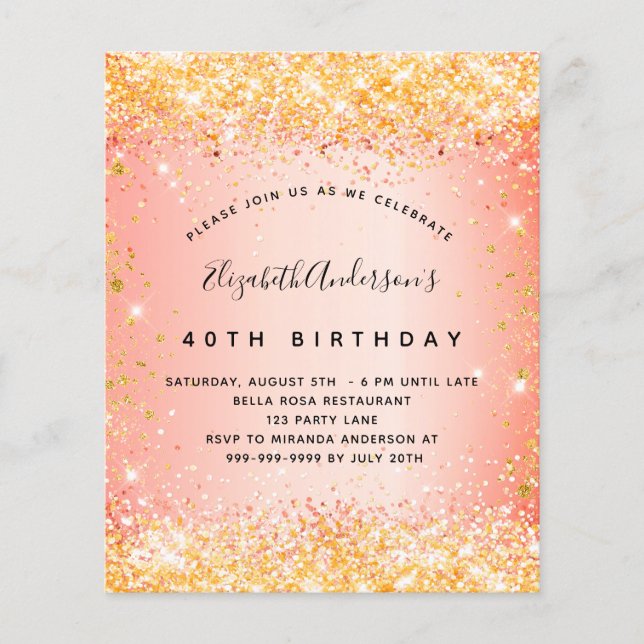 Birthday glitter orange gold budget invitation flyer (Front)