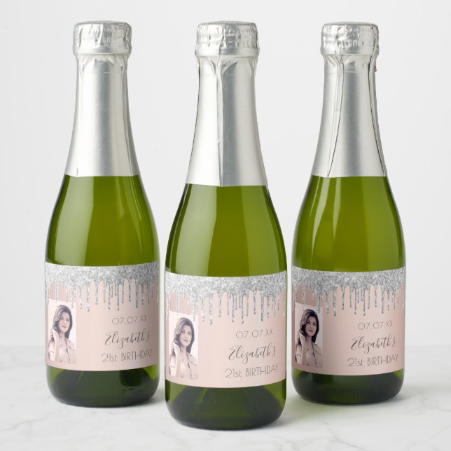 Birthday glitter rose gold blush silver photo sparkling wine label (Bottles)