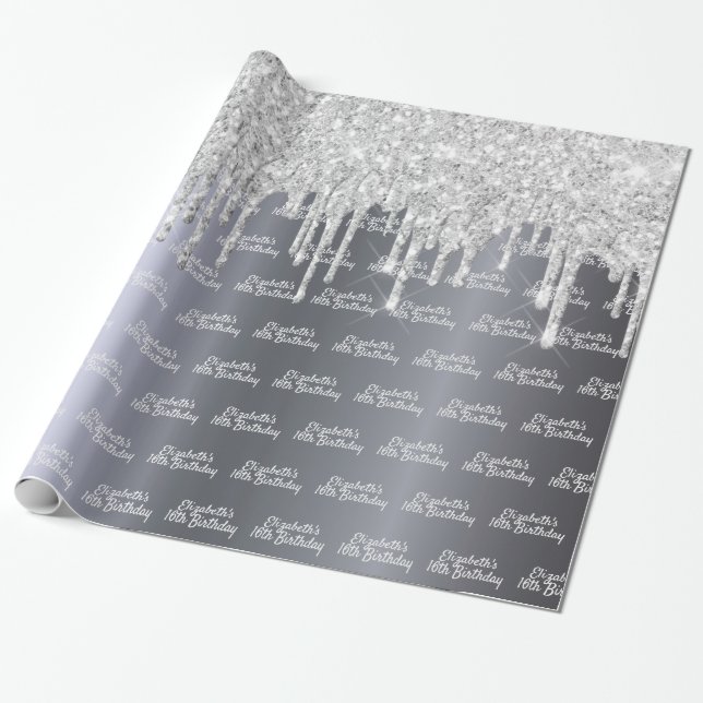 Birthday glitter silver sparkle foil monogram wrapping paper (Unrolled)