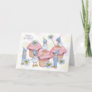 Birthday, Gnomes and Cupcakes, Pink Icing, Kids Card