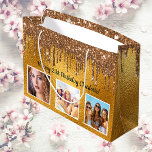Birthday gold custom photo drips large gift bag<br><div class="desc">For a 50th (or any age) birthday.  A faux gold looking background.   Personalize and add 3 of your own photos,  a date,  name and age 50. Black text. The name is written wit a modern hand lettered style script.</div>