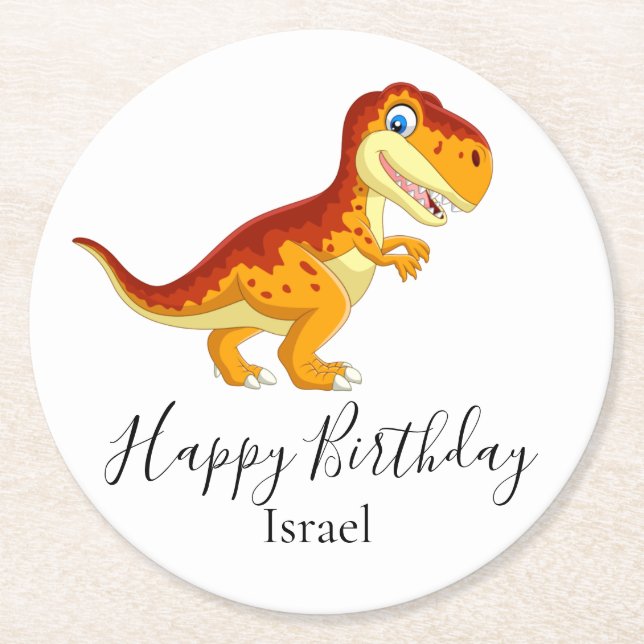 birthday gold dinosaur  round paper coaster (Front)