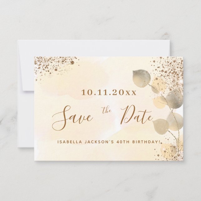 Birthday gold eucalyptus glitter save the date announcement (Front)